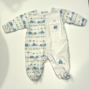 Kissy Kissy Newborn Footie – Pima Cotton – Blue Train Print – EUC